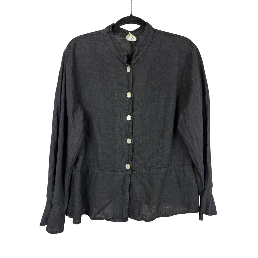 Match Point USA Black Long Sleeve Flare Cuffs Button Up Linen Top XL